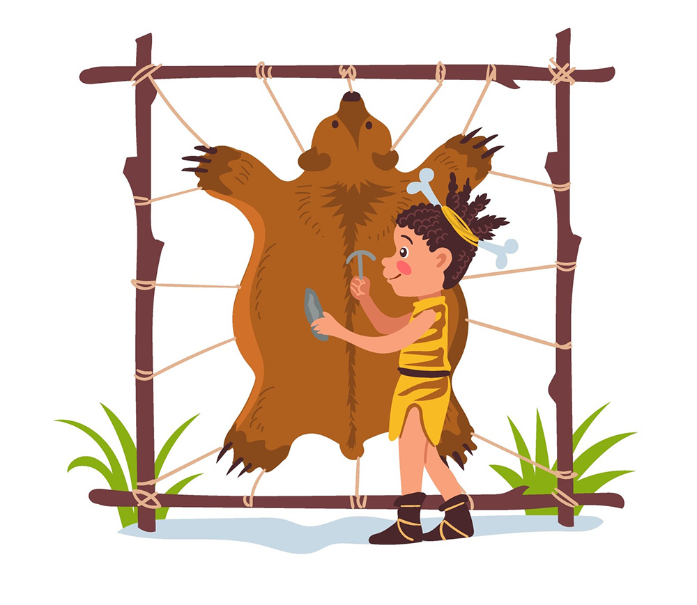 paleolithic woman scraping bear hide cartoon